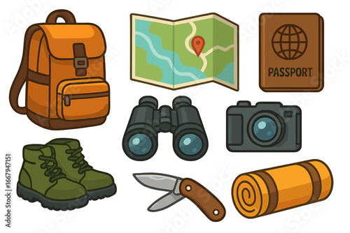 Travel essentials for adventure seekers with backpack, map, passport, binoculars, camera, hiking boots, knife, and sleeping mat icons ready for exploration. Vector cartoon illustration set