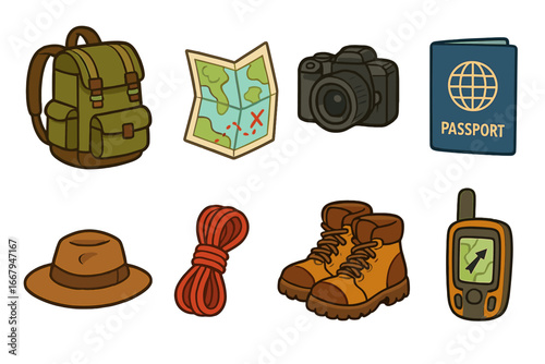 Travel essentials for adventure seekers with backpack, map, camera, passport, hat, climbing rope, hiking boots, and GPS device. Vector cartoon illustration with transparent background, ordered set.