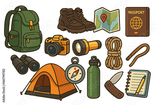 Travel essentials for adventure seekers with hiking gear, camera, navigation tools, tent, and documents, vector cartoon illustration with transparent background, outdoor exploration kit set