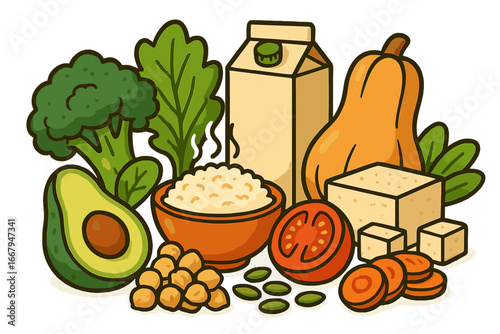 Variety of Plant-Based Foods Arranged on Surface Showcasing Healthy Vegetarian Alternatives and Nutritious Meals with Vegetables, Legumes, Dairy, and Grains Vector Cartoon Illustration