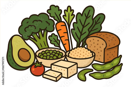 Variety of healthy plant-based foods and vegetarian options including vegetables, legumes, grains, tofu, and bread. Colorful vector illustration of nutritious vegan diet choices