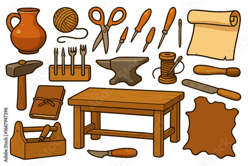 Various traditional crafting tools and materials used in artisan workshops, vector cartoon illustration with transparent background, ordered set of hand tools and supplies