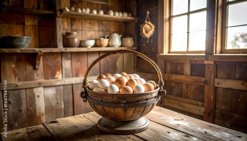 Fototapeta premium Rustic eggs in wooden basket