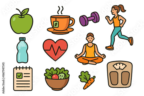 Various health and wellness icons showcasing fitness activities, nutrition, hydration, mindfulness, and body care tools for a balanced lifestyle, vector cartoon illustration