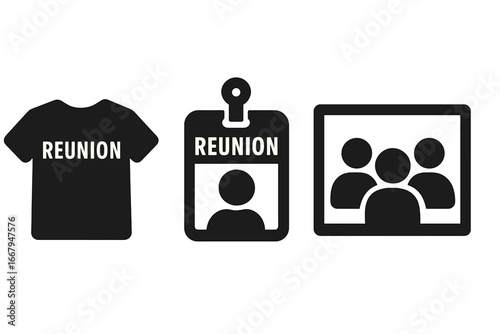 Commemorative reunion icon set. Vector symbols for family, class, or alumni gathering. Solid glyph icons of t-shirt, ID badge, and group photo for a special event.