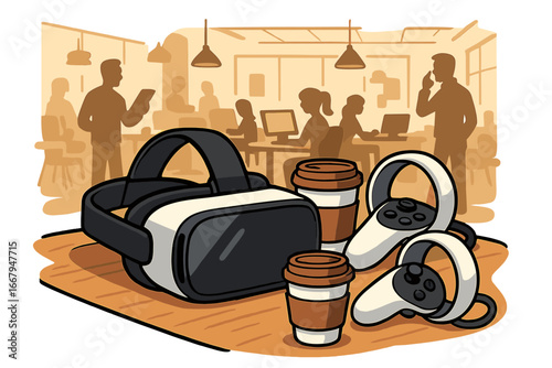 Virtual reality headset and controllers with coffee cups in a busy creative office workspace, vector cartoon illustration for technology and teamwork concept