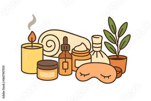 Wellness essentials for relaxation and self-care at home with candle, cream, oil, eye mask, towel, and plant, cozy spa healing routine, weekend rejuvenation vector illustration
