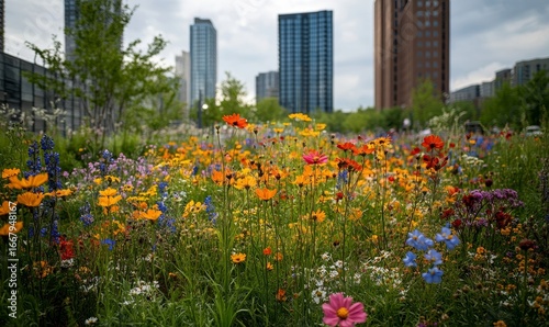 lush urban green space flourishing with vibrant wildflowers, showcasing biodiversity within the concrete jungle of a bustling city center, symbolizing the resilience of nature in urban, Generative AI