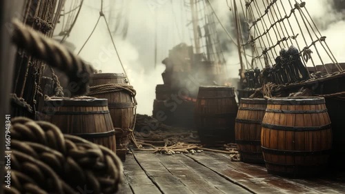 Wooden barrel and thick rope on vintage wooden deck of old sailing ship with mast and rigging, creating mysterious maritime atmosphere filled with historic nautical elements and soft mist