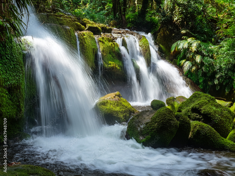 Fototapeta premium Peaceful waterfall scene for child-friendly environmental learning tools Forest waterfall promoting harmony and respect for the environment