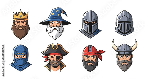 Diverse fantasy character portraits featuring a king wizard knight ninja pirate and viking warriors
