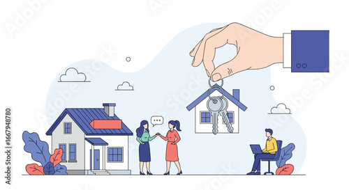 Real estate transaction handover of house keys to new homeowners during property purchase