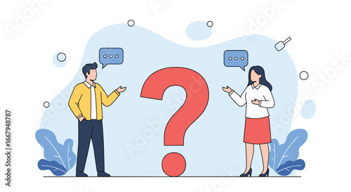 Two people discussing a large question mark symbol between them illustrating communication challenges and seeking answers through dialogue and understanding
