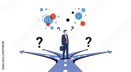 Man at a crossroads facing multiple choices and uncertainties about the future path ahead