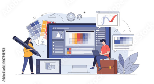 Creative design process illustrating digital art tools and color palettes for visual communication and branding