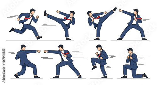 Dynamic business professional engaged in martial arts combat poses demonstrating strength and agility