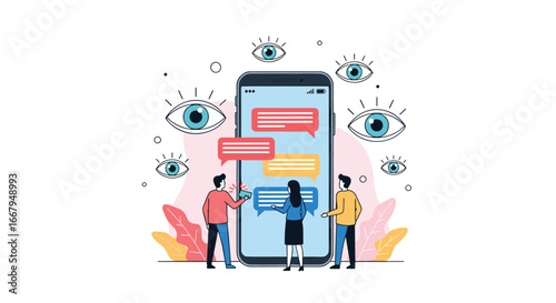 People chatting on a smartphone screen with many eyes watching them from all sides showing the concept of digital surveillance and online monitoring