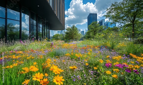 lush urban green space flourishing with vibrant wildflowers, showcasing biodiversity within the concrete jungle of a bustling city center, symbolizing the resilience of nature in urban, Generative AI