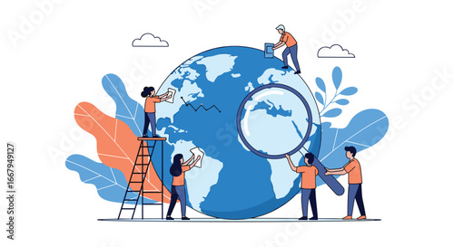 Illustrating global exploration concepts through teamwork and digital tools showcasing earth exploration
