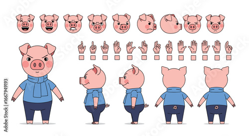 Collection of pig character design elements for animation and games featuring various expressions and poses