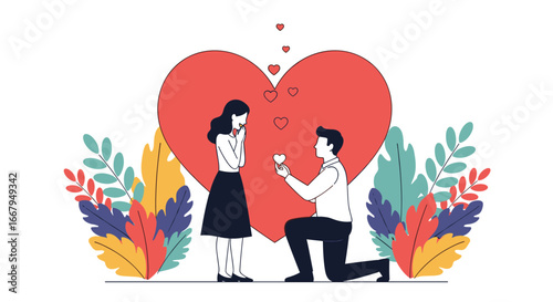 A romantic marriage proposal underneath a giant heart surrounded by foliage and floating hearts