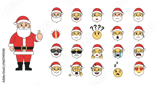 Collection of festive santa claus faces expressing various emotions and moods for holiday celebrations