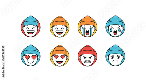 Collection of diverse emotion expressing faces wearing warm winter hats a set of stylized character portraits