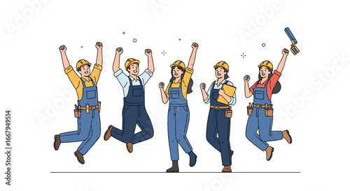 A team of happy construction workers celebrating success on a project site together