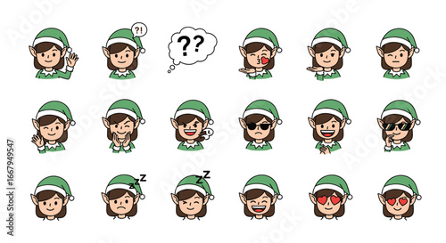 A collection of festive elf emoticons showcasing a wide range of expressive emotions and reactions
