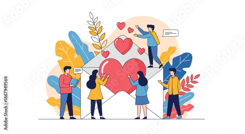 A group of people sending and receiving love letters and hearts in a warm and friendly atmosphere illustrating connection and affection