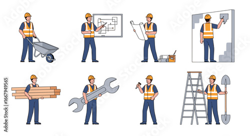 Skilled construction workers performing various building and repair tasks with tools and materials