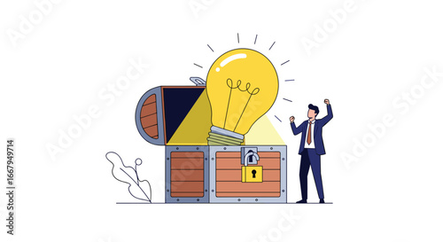 Businessman celebrates the discovery of a brilliant idea emerging from an unlocked treasure chest with a glowing light bulb