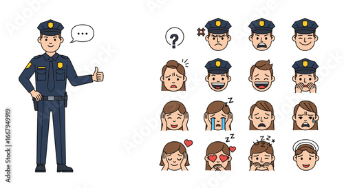 Illustrations of a police officer and various emotional facial expressions