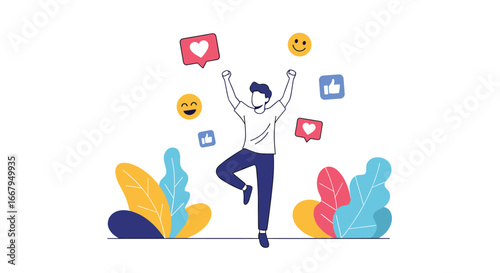 A cheerful person celebrating digital engagement with social media likes reactions and positive emotions