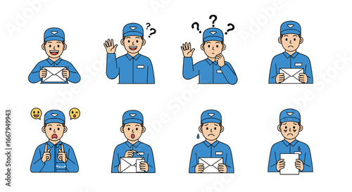 Illustrations of mail carriers expressing a variety of emotions and actions related to delivering mail and packages with different facial expressions and gestures
