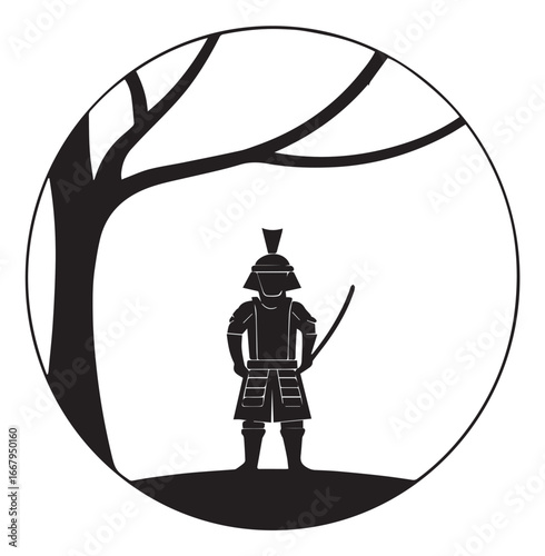 A lone samurai warrior stands beneath a bare tree in a circular frame a striking black and white silhouette