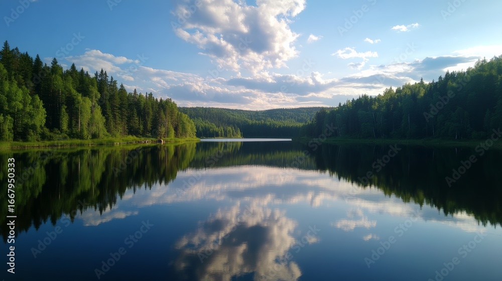 Fototapeta premium Tranquil lake reflection serene forest nature photography calm environment wide view serenity and beauty