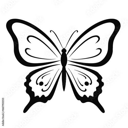 Elegant black and white butterfly line art illustration.