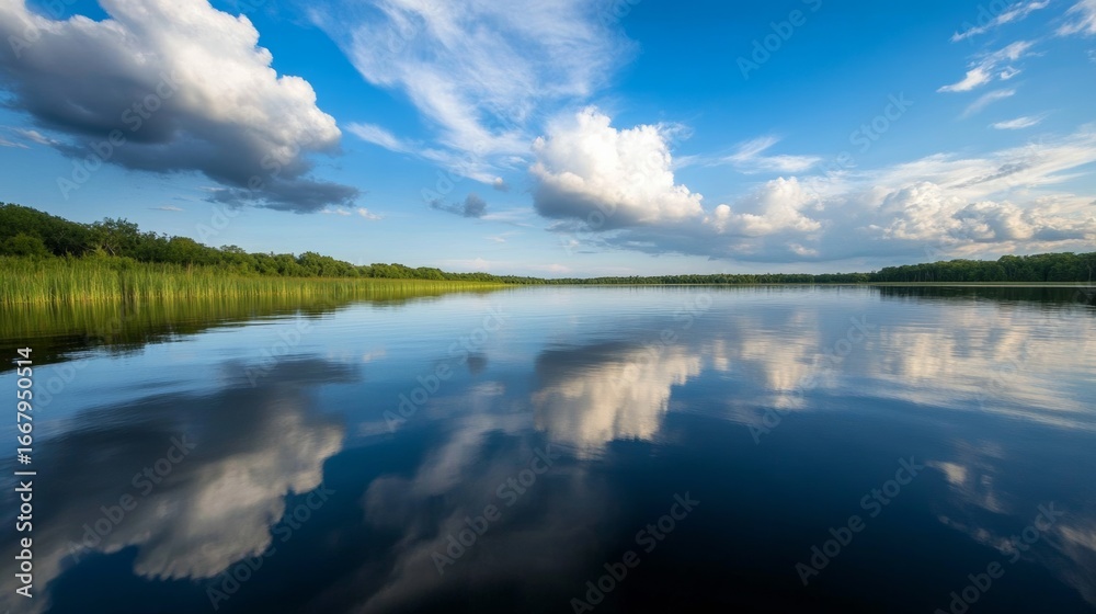 Fototapeta premium Serene reflection of clouds over tranquil lake nature landscape scenic viewpoint calm environment photography