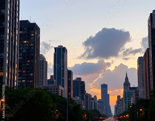 Twilight Cityscape with Skyline and Riverside Trees