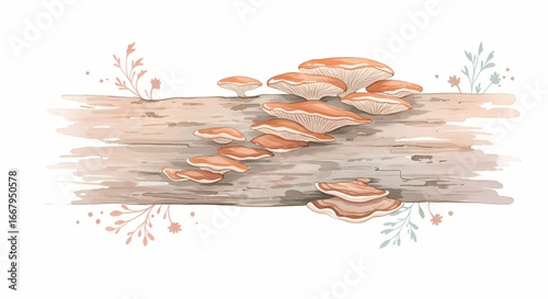 Watercolor mushrooms growing on a wooden log with floral accents