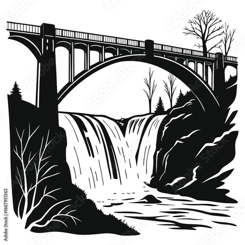 Ancient bridge over frozen waterfall silhouette