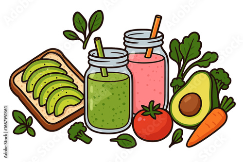 Healthy food concept with avocado toast, green and berry smoothies in mason jars. Vector illustration of a balanced vegan breakfast with fresh vegetables like tomato and carrot.