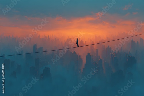 Risk businessperson balances precariously tightrope tense with daring and focus over cityscape