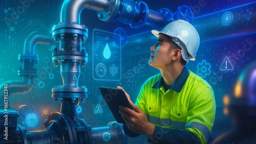 Engineer using a tablet to inspect pipes and check digital data, with augmented technology overlay in an industrial environment for smart maintenance.