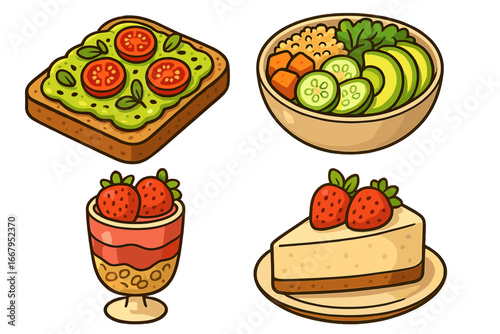 Set of healthy plant-based food. Avocado toast, buddha bowl, strawberry cheesecake and parfait dessert. Vector cartoon illustration for vegan or vegetarian diet concept.