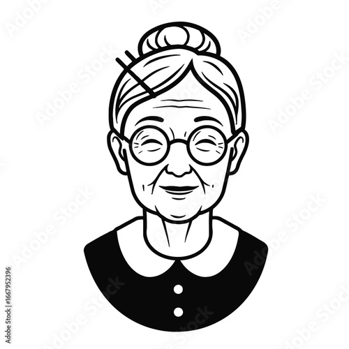 Happy Grandmother with Glasses Vector Portrait Illustration.
