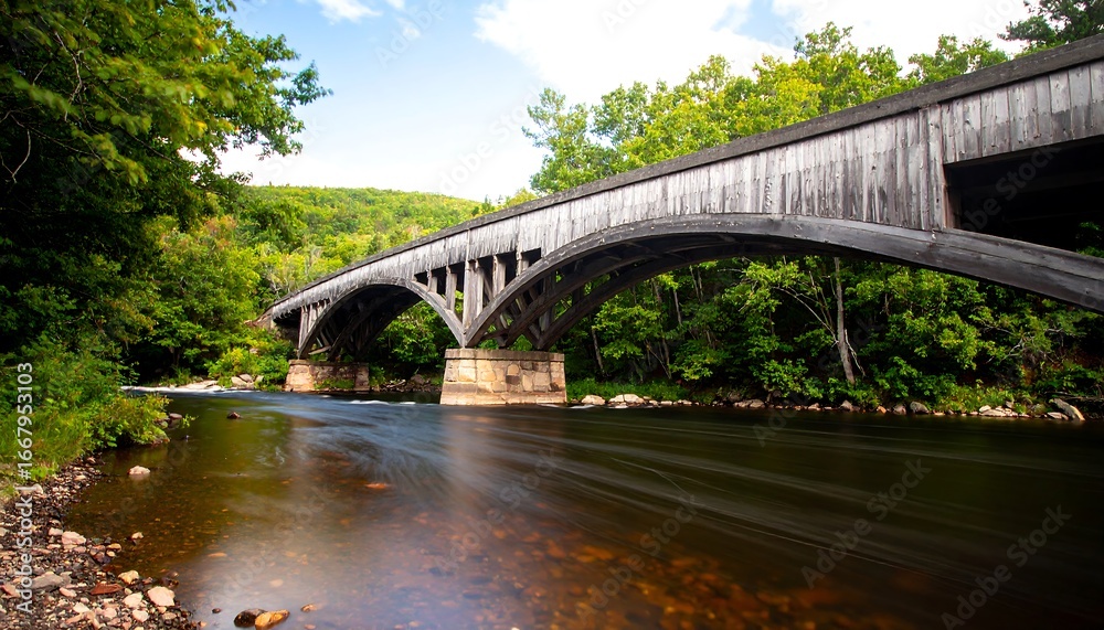Fototapeta premium Wooden arch bridge over a flowing river