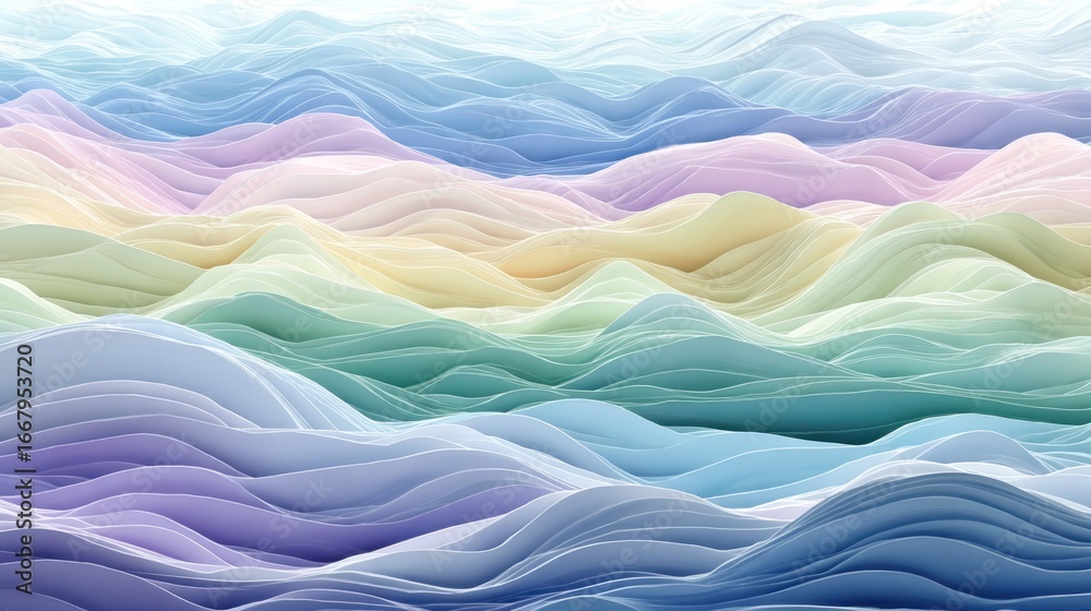 Obraz premium Colorful wave pattern with smooth gradient in pastel hues and flowing curves across a serene landscape