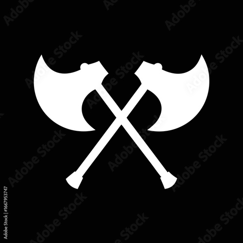 crossed axes flat silhouette vector on black, great for hiking logos, camping emblems, survival branding, and fantasy crests.